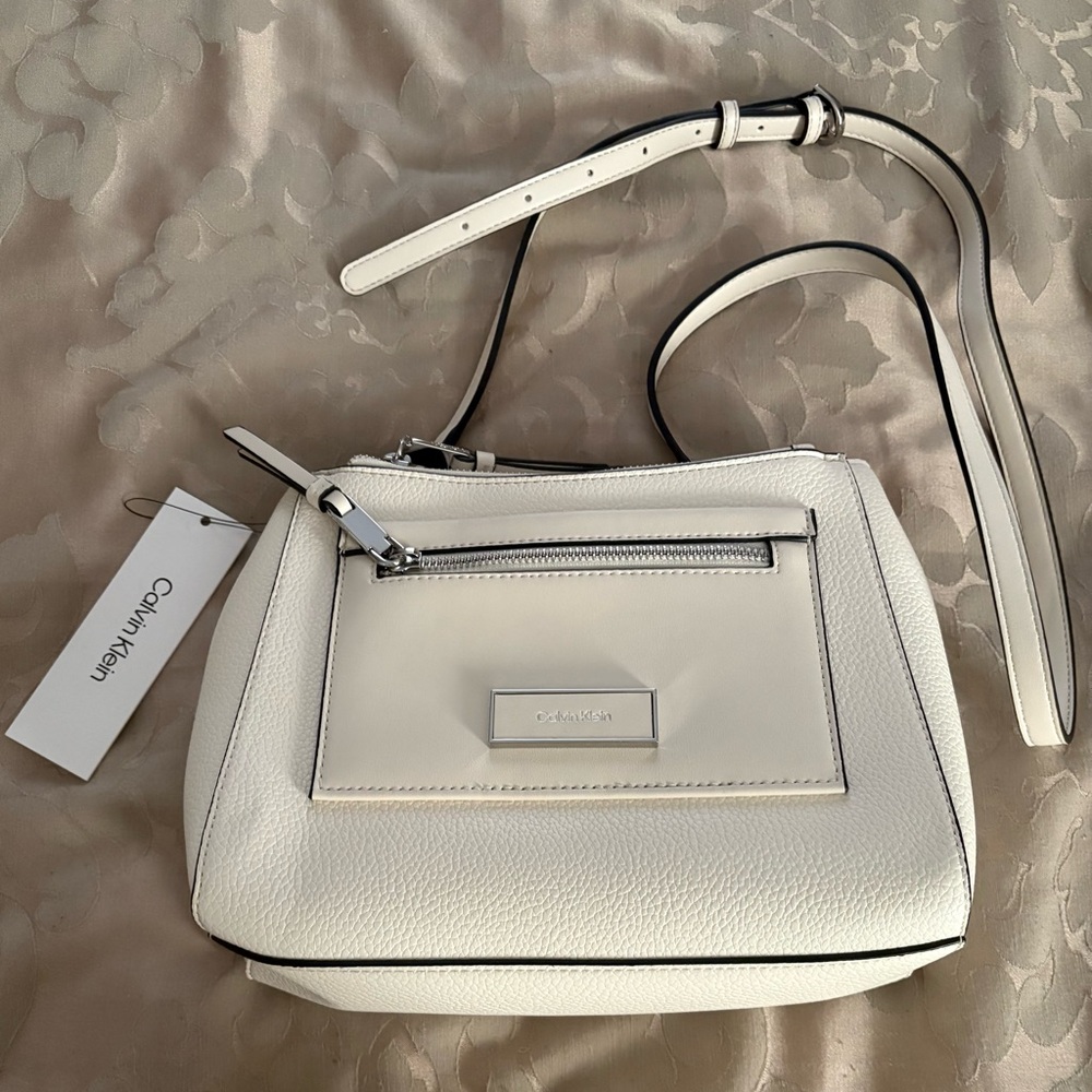 Calvin Klein Cream Leather Crossbody Bag with Silver Hardware
